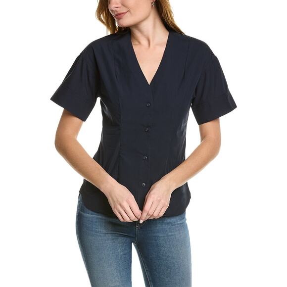 Rag & Bone Victorine Short Sleeve Button Front Top Navy Blue - Picture 1 of 11